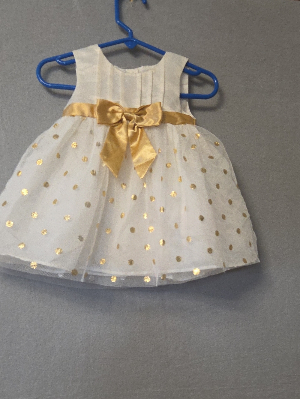 Katie M. White Tulle Dress with Gold Polka Dots and Satin Bow.